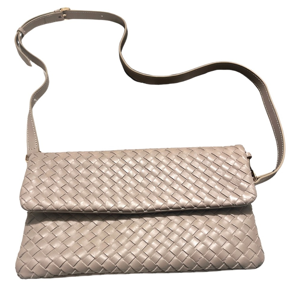 Italian Leather Handwoven Convertible Clutch Crossbody | Taupe | NWOT